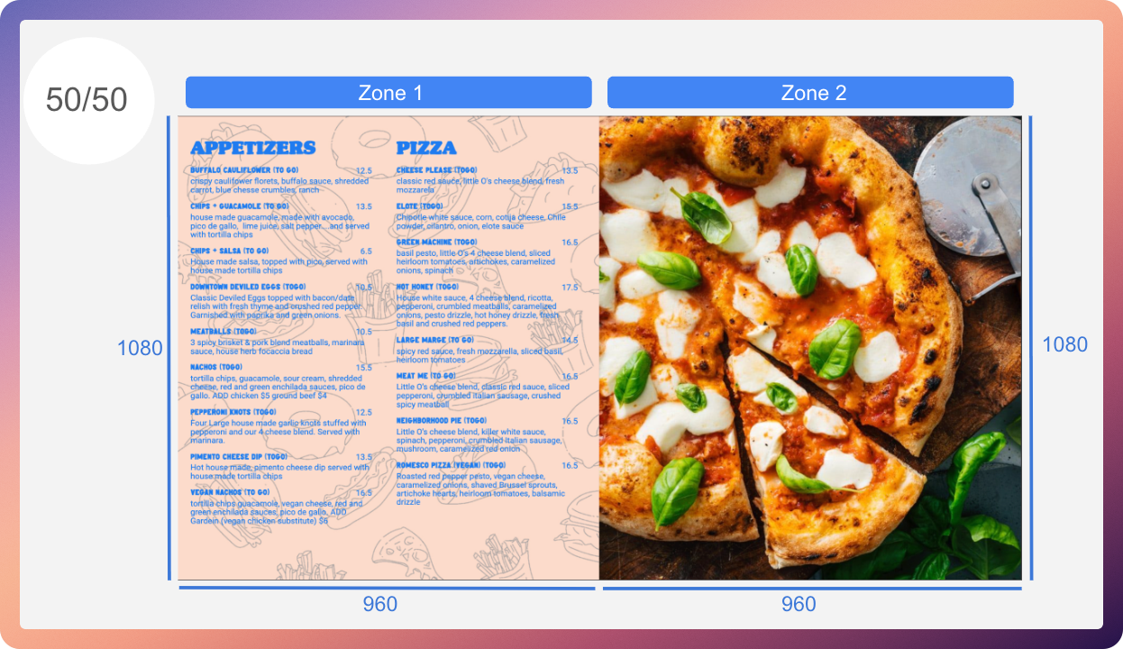 50/50 layout: both zones are 960 by 1080 pixels